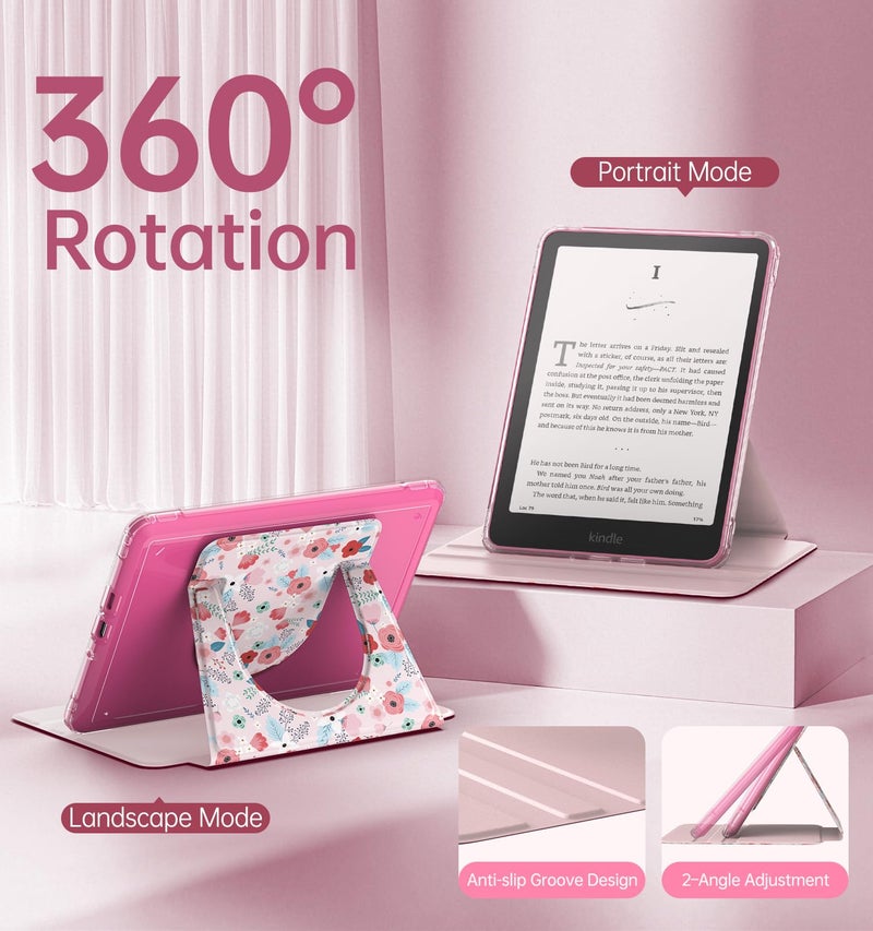 MoKo 360° Rotating Case for 7" Kindle Paperwhite 12th Generation 2024 & Kindle Colorsoft 2024/2025, Clear Back Detachable Magnetic Protective Adjustable Stand Cover with Auto Wake/Sleep, Spring Pink - Image 4