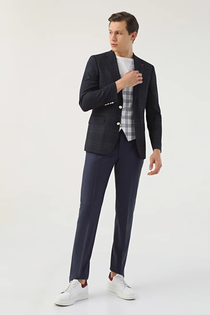 D'S DAMAT Ds Groom Slim Fit Navy Blue Dobby Suit Combined