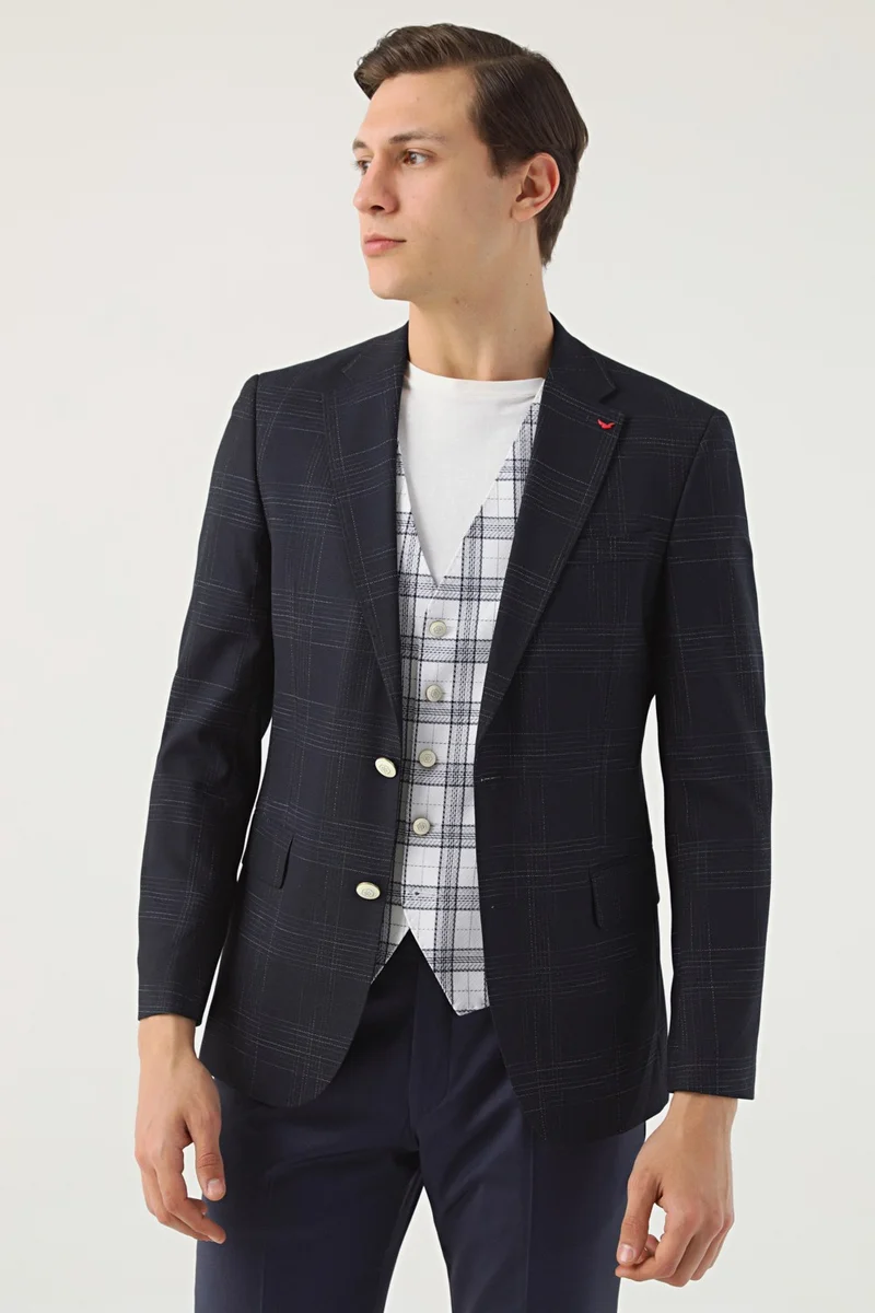 D'S DAMAT Ds Groom Slim Fit Navy Blue Dobby Suit Combined