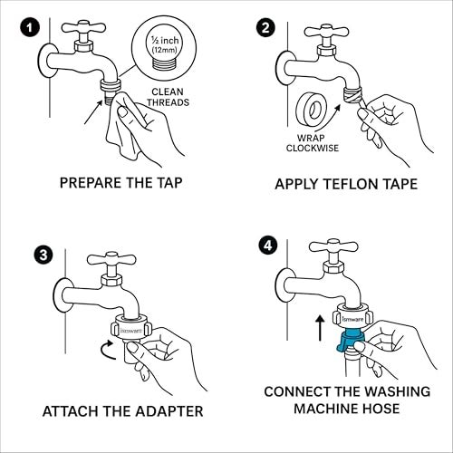 Ismware 1/2-inch Washing Machine Tap Adapter, UPVC with Brass Inner Thread, 3/4-inch Teflon Tape Included Suitable for all types of 1/2-inch washing machine tap and angle valve - Image 4