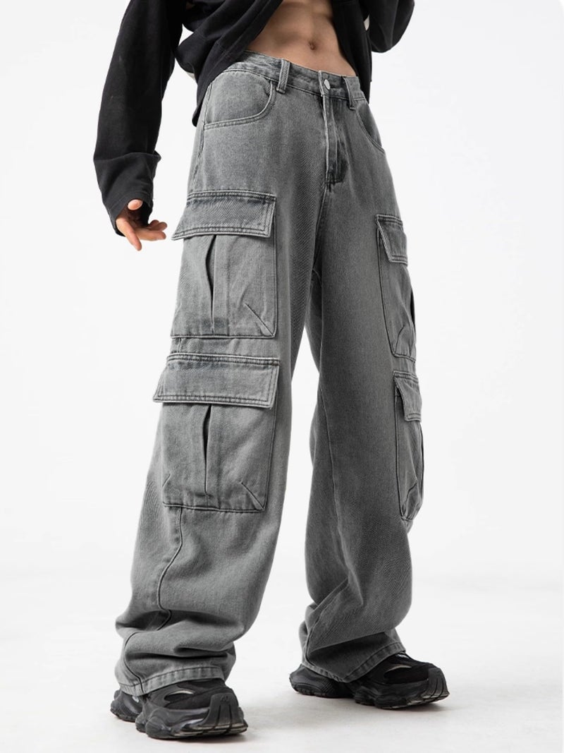FantasyGears Mens Baggy Jeans for Men Women Y2k Skater Vintage Plain Pants Multiple Pockets Casual Wide Leg Loose Fit Cargo Denim Jeans - Image 3