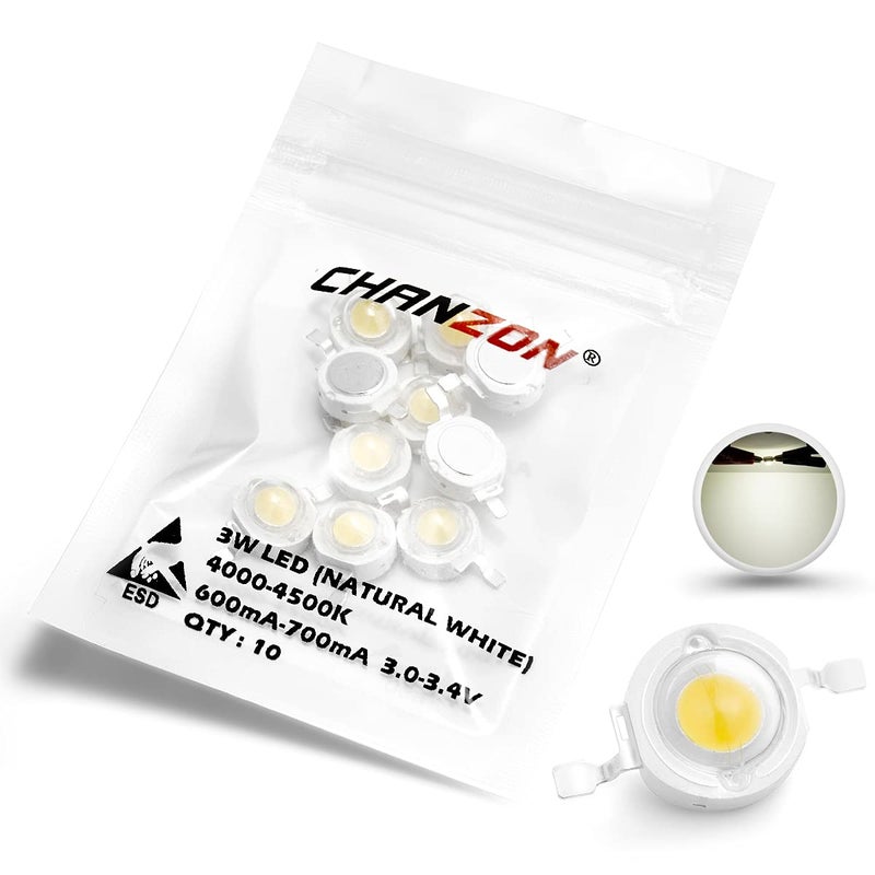CHANZON 10 pcs High Power Led Chip 3W Natural White 4000K 4500K 600mA 700mA DC 3V 34V 3 Watt Super Bright Intensity SMD COB Light Emitter Components Diode 3 W Bulb Lamp DIY Lighting