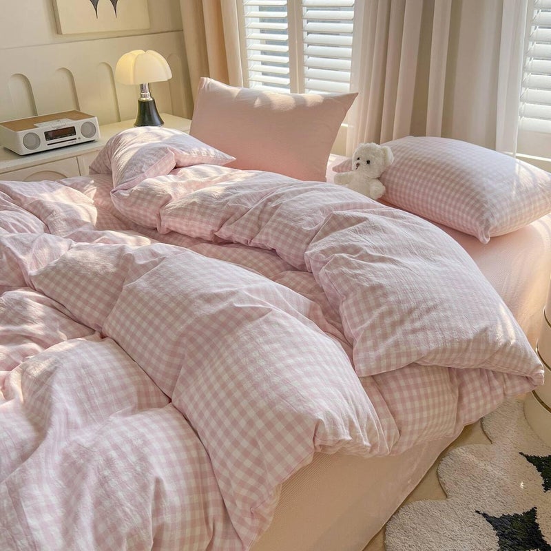LifeTB Pink Gingham Duvet Cover Queen Size 100% Washed Cotton Pink White Plaid Checkered Duvet Cover Farmhouse Grid 3 Pieces Bedding Set Soft Breathable Gingham Comforter Cover with 2 Pillowcases - Image 1