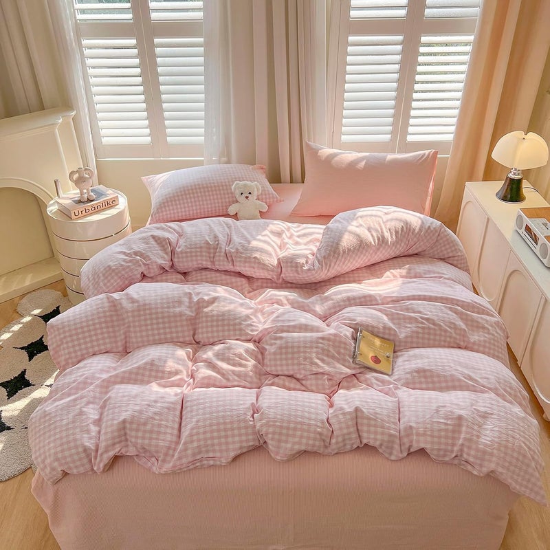 LifeTB Pink Gingham Duvet Cover Queen Size 100% Washed Cotton Pink White Plaid Checkered Duvet Cover Farmhouse Grid 3 Pieces Bedding Set Soft Breathable Gingham Comforter Cover with 2 Pillowcases - Image 2