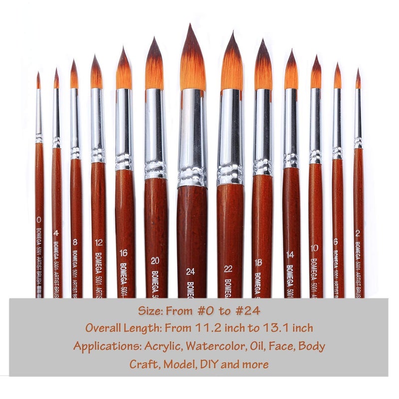 AmigozZ - 13pcs Pointed-Round Wooden Handle Nylon Hair Artist Paintbrush Set for Watercolor, Acrylic Ink, Gouache Oil, Tempera Painting, Face Body Art, Craft and Paint by Number. - Image 2