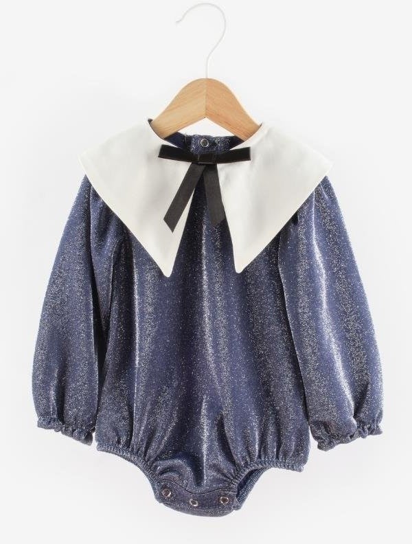 Le mabelle Navy Blue Collar Detailed Glitter Baby Girl Jumpsuit - Bailey - Image 1