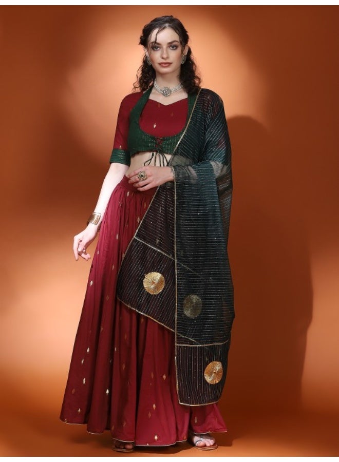 AKS Maroon & Green Woven Design Lehenga Choli With Dupatta Set - Image 1
