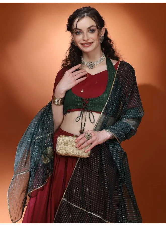 أيه كيه إس Maroon & Green Woven Design Lehenga Choli With Dupatta Set