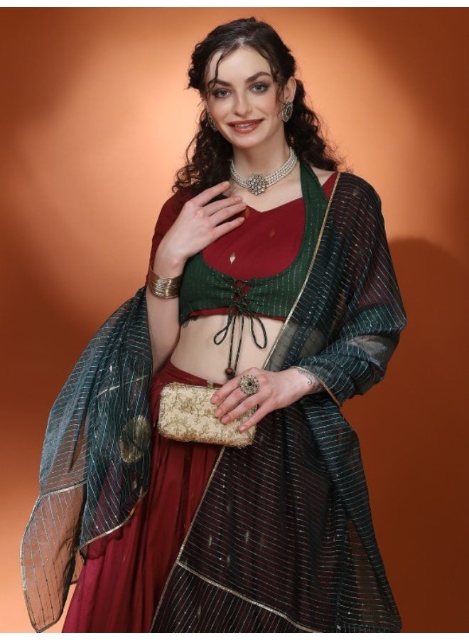 AKS Maroon & Green Woven Design Lehenga Choli With Dupatta Set - Image 2