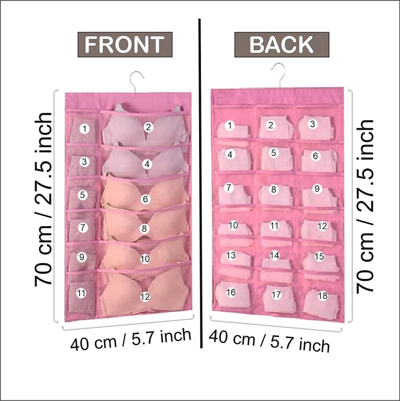 Granth Bag Manufacturing India GBMI Dualsided Wall Door Hanging Undergarments Organizer With 30 1218 Mesh Pocket Wardrobe Organizer For Clothes For Bra Underwear Underpants Socks Jewellery 78 X 40cm Pack of 1 Pink  - Image 2