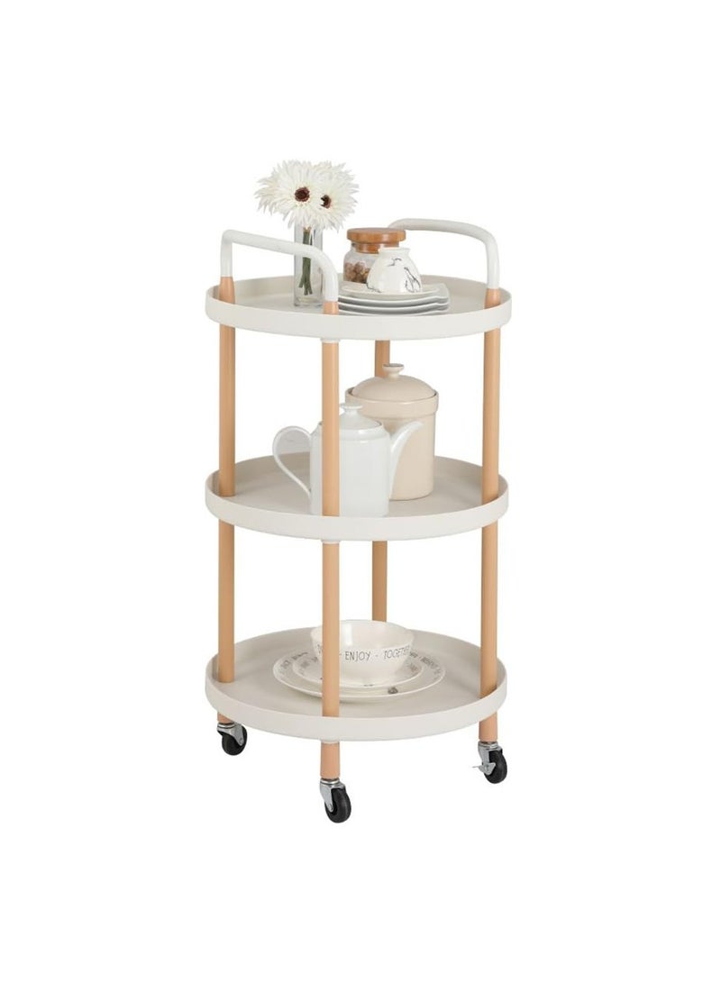 Beauenty 3 Tier Round Rolling Cart : Storage Organizer Cart with Handle and Lockable Wheels Multi-Functional Utility Cart with Wood Frame for Home Office Living Room Kitchen (White) - Image 1
