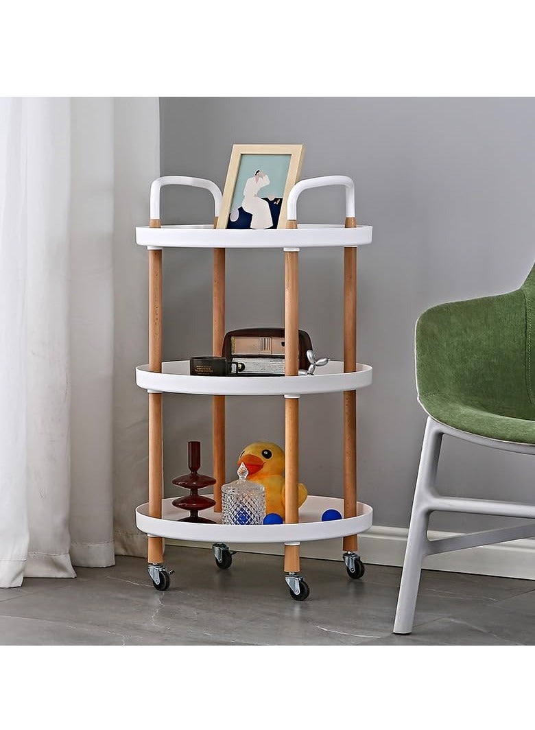 Beauenty 3 Tier Round Rolling Cart : Storage Organizer Cart with Handle and Lockable Wheels Multi-Functional Utility Cart with Wood Frame for Home Office Living Room Kitchen (White) - Image 2
