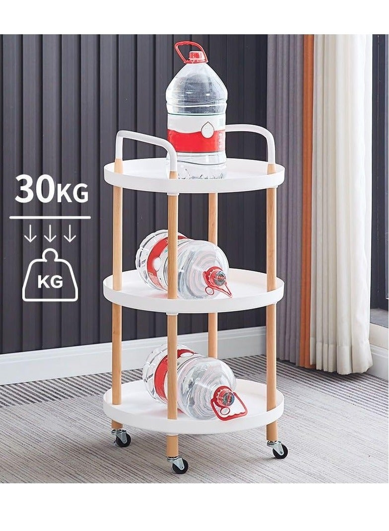 Beauenty 3 Tier Round Rolling Cart : Storage Organizer Cart with Handle and Lockable Wheels Multi-Functional Utility Cart with Wood Frame for Home Office Living Room Kitchen (White) - Image 3
