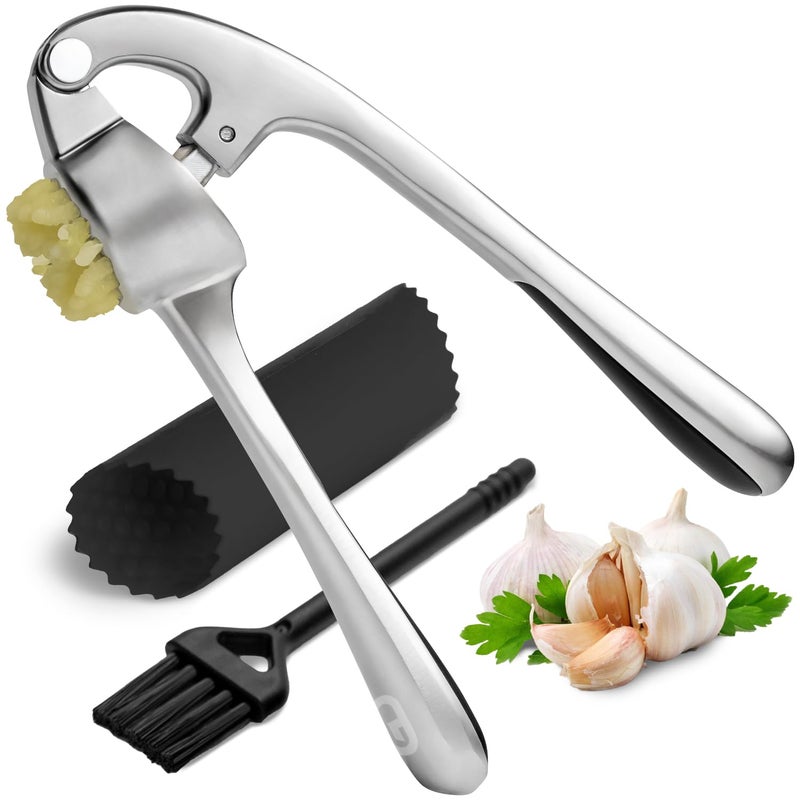 Global Digitronix GD Garlic Press Crusher Mincer Tool - Dishwasher Safe & Rust Proof, Easy-Squeeze Garlic Smasher with Ergonomic Handle, Includes Silicone Garlic Peeler & Brush (Silver) - Image 1