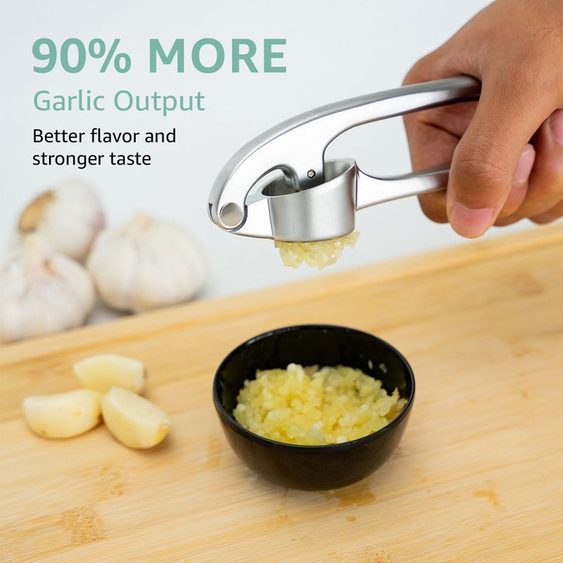 Global Digitronix GD Garlic Press Crusher Mincer Tool - Dishwasher Safe & Rust Proof, Easy-Squeeze Garlic Smasher with Ergonomic Handle, Includes Silicone Garlic Peeler & Brush (Silver) - Image 2