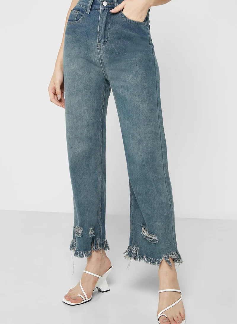 Ginger Ripped Raw Hem Detail High Waist Jeans