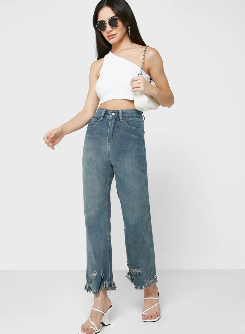Ginger Ripped Raw Hem Detail High Waist Jeans
