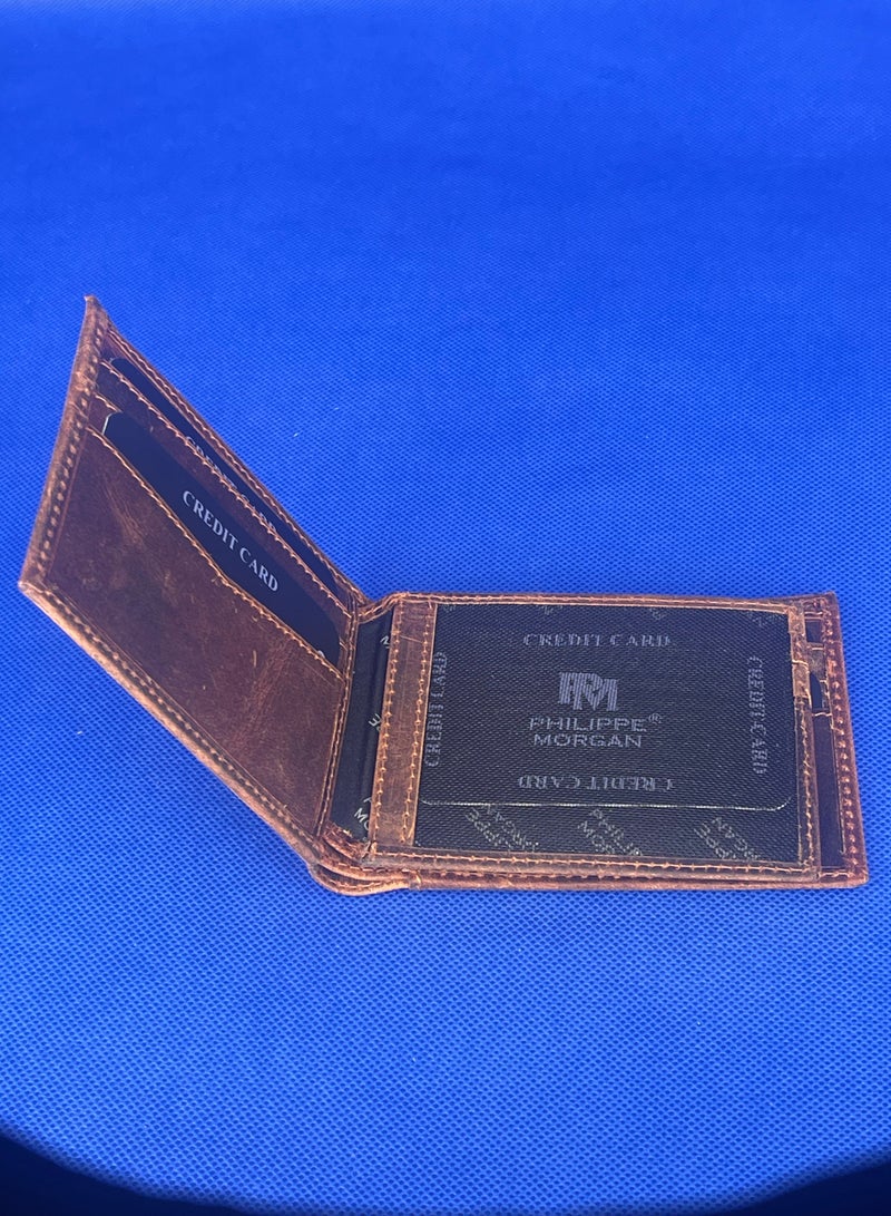 فيليب مورجان محفظة جلدية أصلية فاخرة قابلة للطي مع حامل بطاقة عمل باللون البني العتيق - Image 3