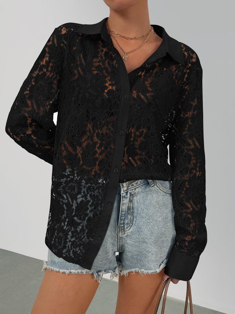 MEROKEETY Women's Lace Long Sleeve Tops Dressy Casual Blouse Button Down Sheer Elegant Summer Shirts, Black, Large - Image 2