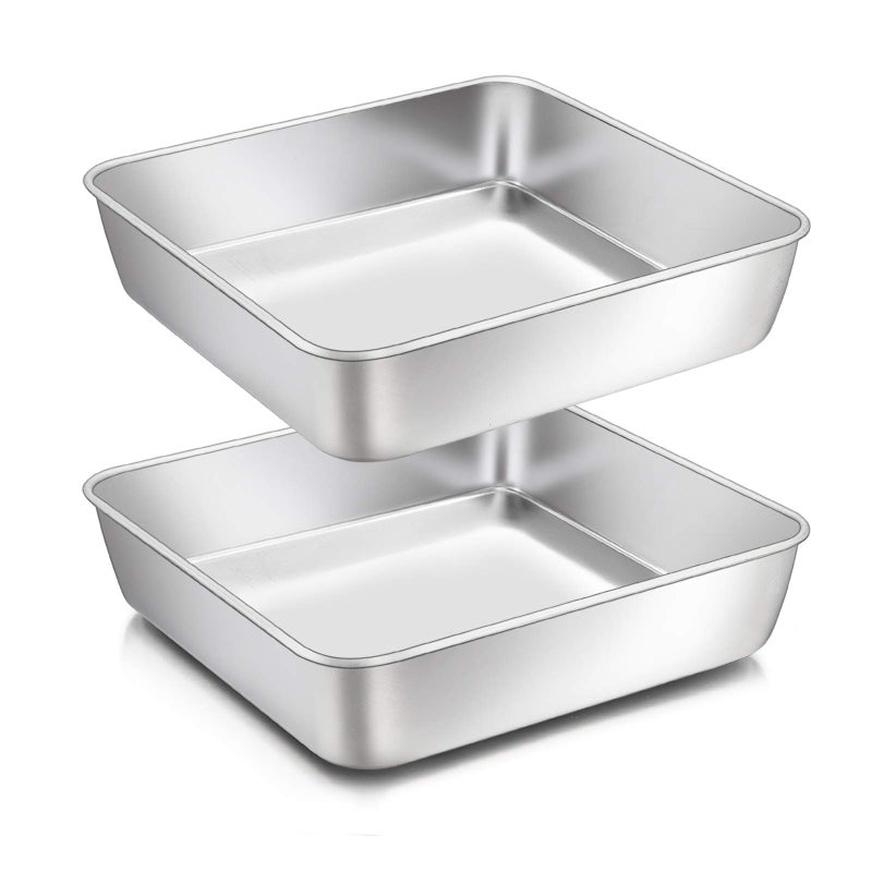 Homikit 8inch Cake Tin Set of 2 Stainless Steel Square Cake Tins for Baking Roasting Birthday Wedding Christmas Cake Pan Bakeware Set Healthy  Sturdy Matte Finished  Dishwasher Safe