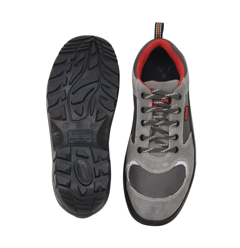 KARAM FS114 Grey Suede Leather Safety Shoes for Men Lightweight | Single Density | Steel Toe Cap | Oil & Heat Resistant, Antistatic, Antislip | Size-09 - Image 5