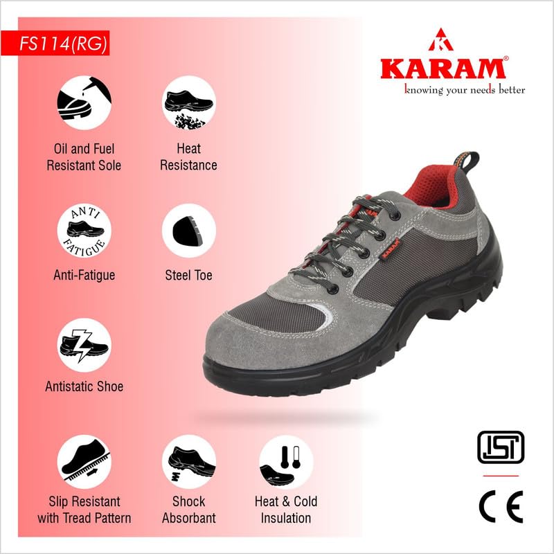 KARAM FS114 Grey Suede Leather Safety Shoes for Men Lightweight | Single Density | Steel Toe Cap | Oil & Heat Resistant, Antistatic, Antislip | Size-09 - Image 2