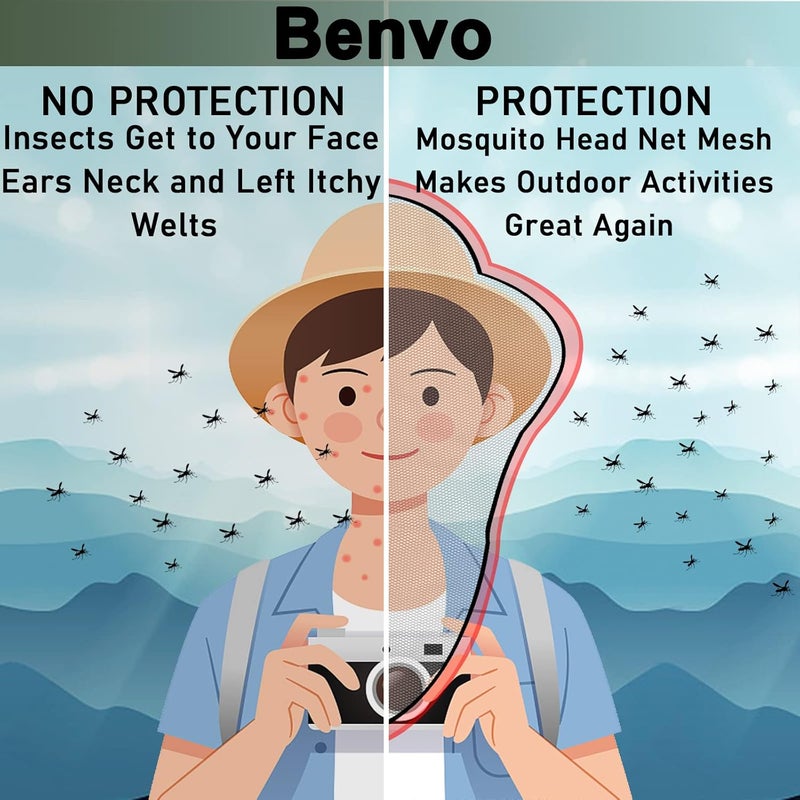 Benvo شبكة رأس البعوض، غطاء الوجه والرقبة من شبكة الحشرات للرحلات الخارجية - مع حقائب حمل تناسب معظم أحجام القبعات (2 قطعة، زيتوني، شبكة كبيرة محدثة) - Image 5