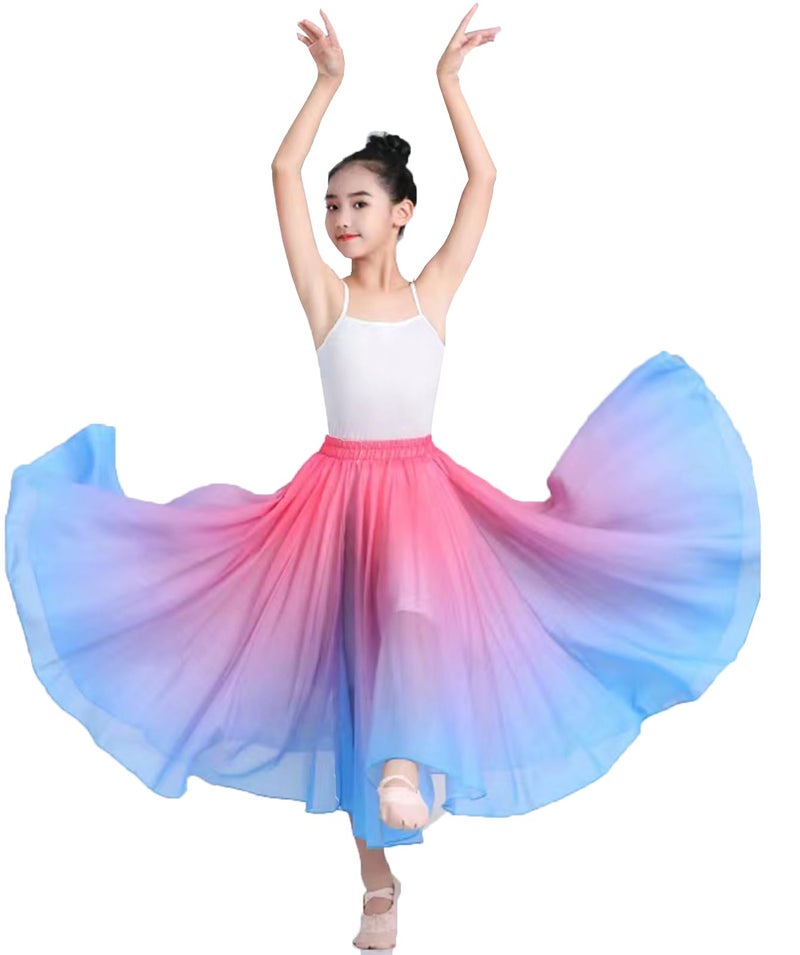 ORIDOOR 720degrees Girl Chiffon Dress with Gradient Color Ballet Classical Ballroom Dance Long SkirtA2 Rose Blue 9-12Years - Image 1