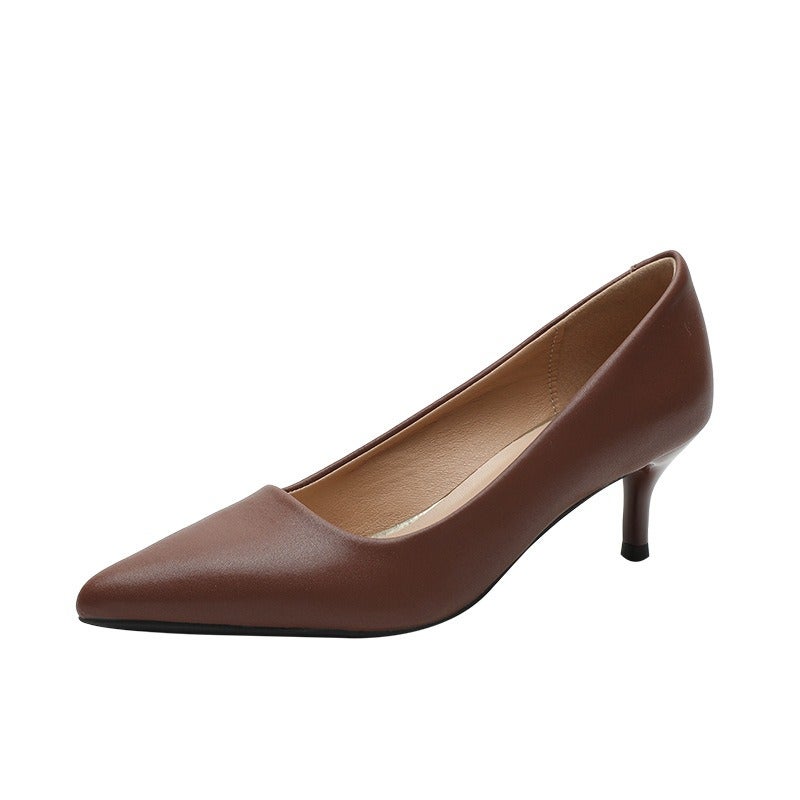 555-8 Nude High Heels for Women, French Style Soft Leather Pointed Toe Office Shoes