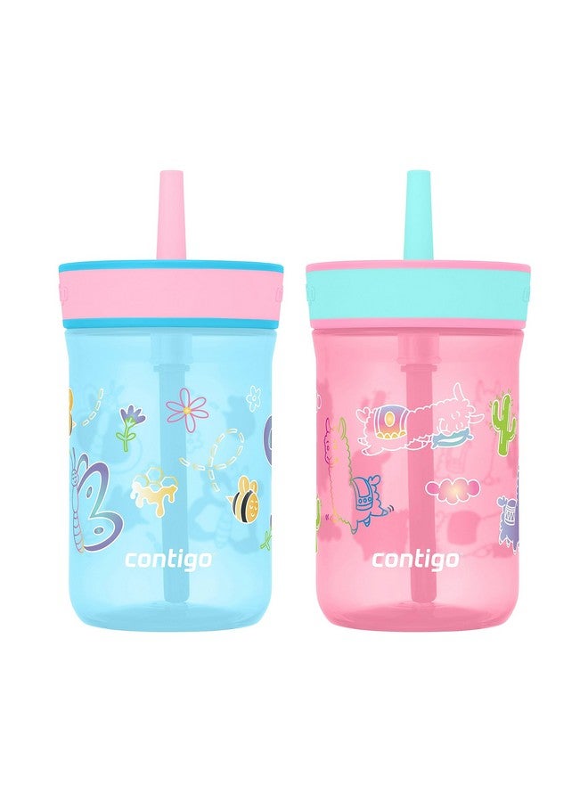 كونتيجو زجاجات مياه بلاستيكية للأطفال من كونتيجو لايتون، أكواب مقاومة للانسكاب مزودة بقشة، آمنة للاستخدام في غسالة الأطباق، سعة 14 أونصة، عبوة من قطعتين، بتصميمات توت أزرق/فراشات وأزاليات/لاما - مثالية للأطفال الصغار والكبار - Image 1