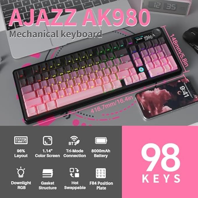 rayihni AJAZZ AK980 PINK GAMING MACHANICAL KEYBOARD GIFT SWITCH FULL SIZE RGB GASKET MOUNT 8000MAH TRIPLE MODES CUSTOM KEYBOARD WITH FIVE LAYER PAD | KNOB CONTROL - Image 2