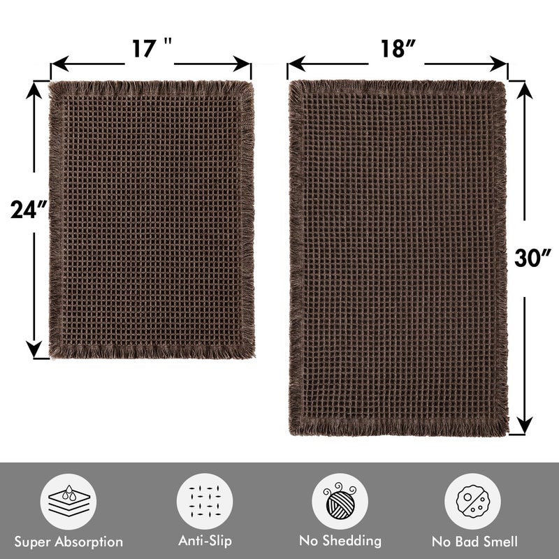 MIULEE Set of 2 Waffle Bathroom Rugs, Boho Bath Rugs Non Slip Washable, Super Absorbent Bath Mats, Ultra Soft Rubber Backed Shower Mats for Bathroom Floor, Tub, Chocolate, 17"x24"+18"x30" - Image 2