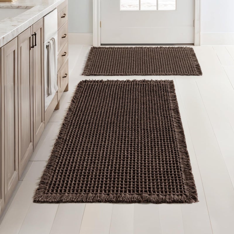 MIULEE Set of 2 Waffle Bathroom Rugs, Boho Bath Rugs Non Slip Washable, Super Absorbent Bath Mats, Ultra Soft Rubber Backed Shower Mats for Bathroom Floor, Tub, Chocolate, 17"x24"+18"x30" - Image 1