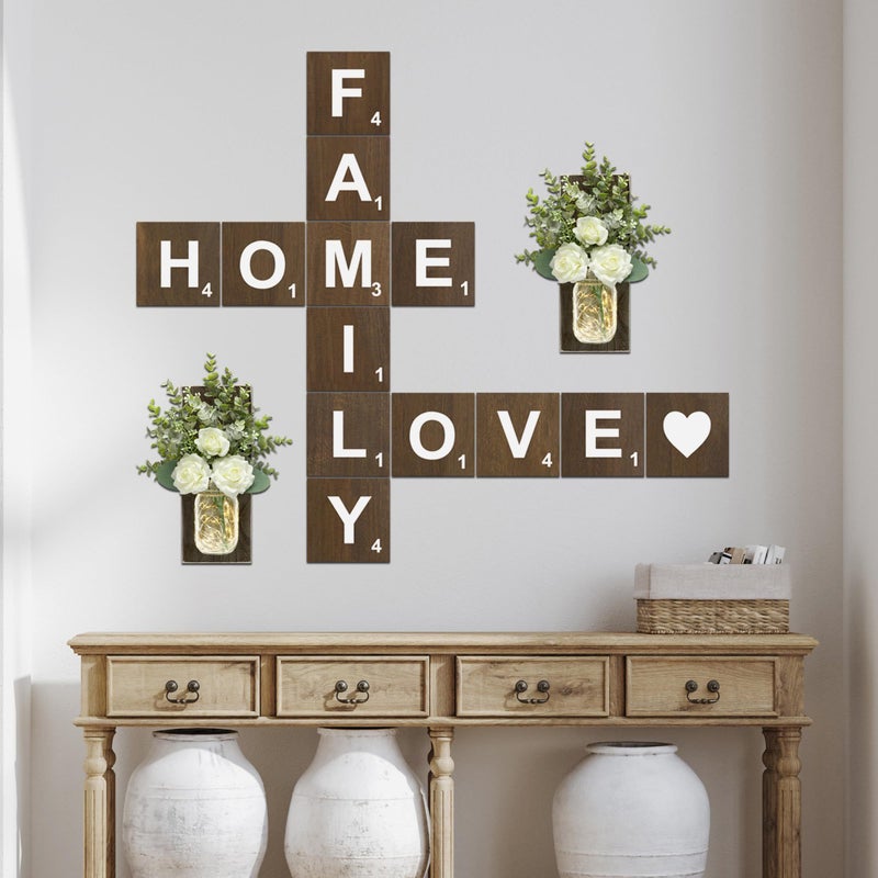 15 PCS Rustic Wooden Crossword Puzzle Wall Decoration Large Square Letters With Home And Family Designs Perfect For Farmhouse Kitchens Living Rooms And Bedrooms Country Style Wood Decor - Image 4