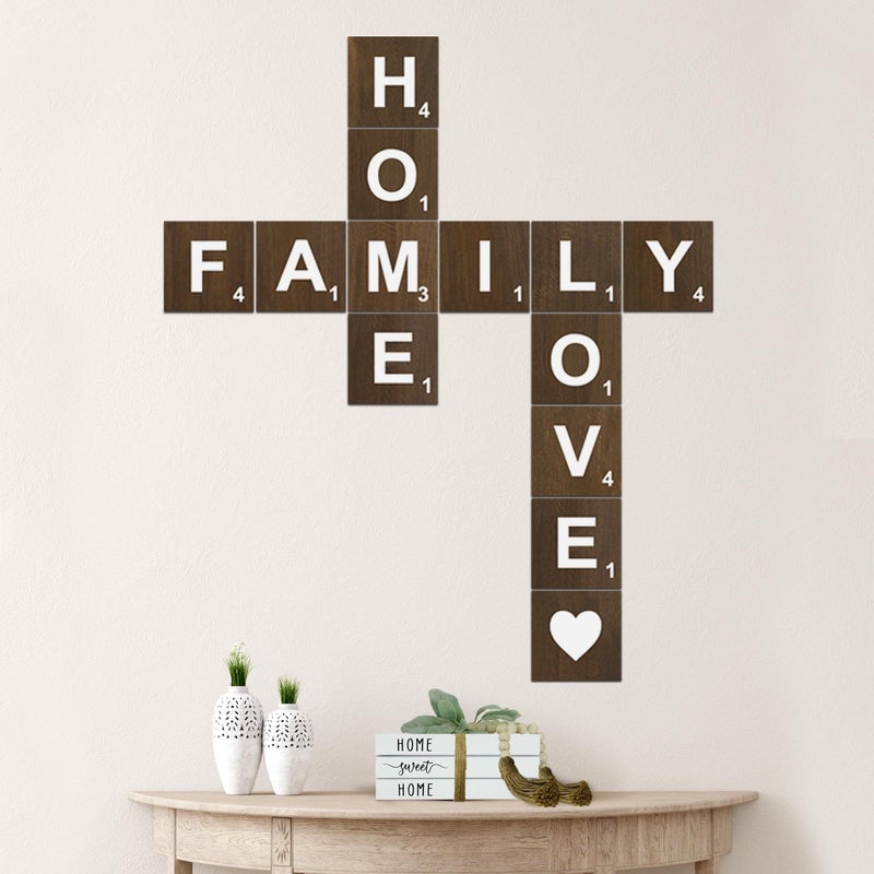 15 PCS Rustic Wooden Crossword Puzzle Wall Decoration Large Square Letters With Home And Family Designs Perfect For Farmhouse Kitchens Living Rooms And Bedrooms Country Style Wood Decor - Image 1