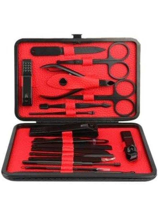 18-Piece Manicure Pedicure Set with Black Tools and Red Case. - Image 1