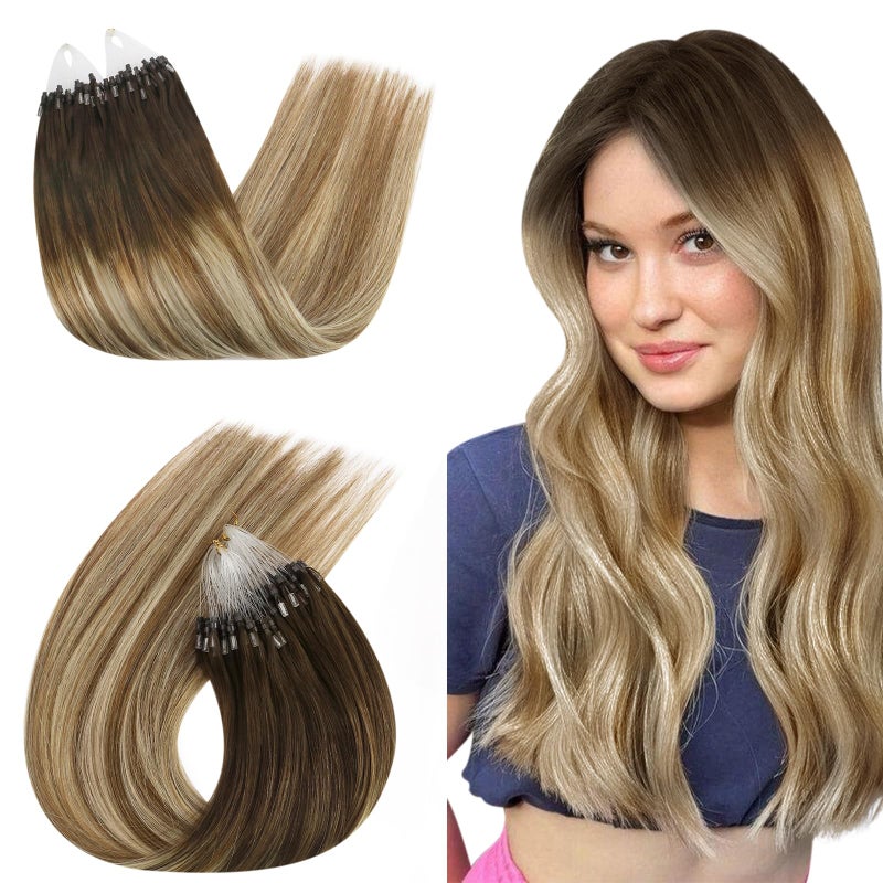 Ugeat Balayage Micro Bead Hair Extensions Human Hair Blonde Micro Loop Extensions Brown Mix Blonde Balayage Microlink Natural Looking No Damage for Women By Cold Fusion 50S 50G 16 Inch