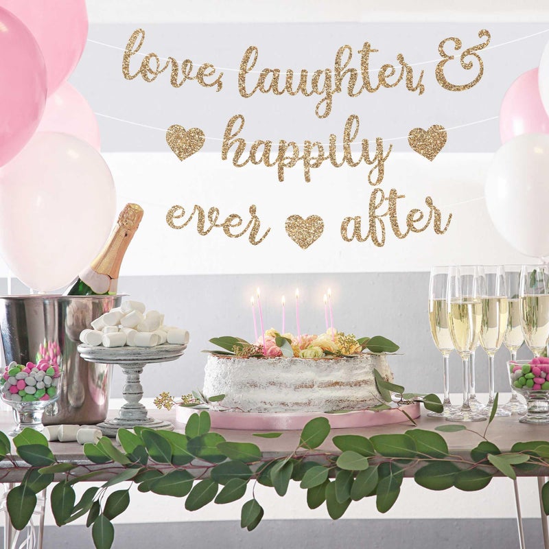 Perfect Occasion Pre-Strung Love Laughter & Happily Ever After Banner - NO DIY - Gold Glitter Bachelorette Wedding Bridal Party Banner - Pre-Strung Garland on 8 ft Strand - Gold Bachelorette Bridal Engagement Party - Image 2