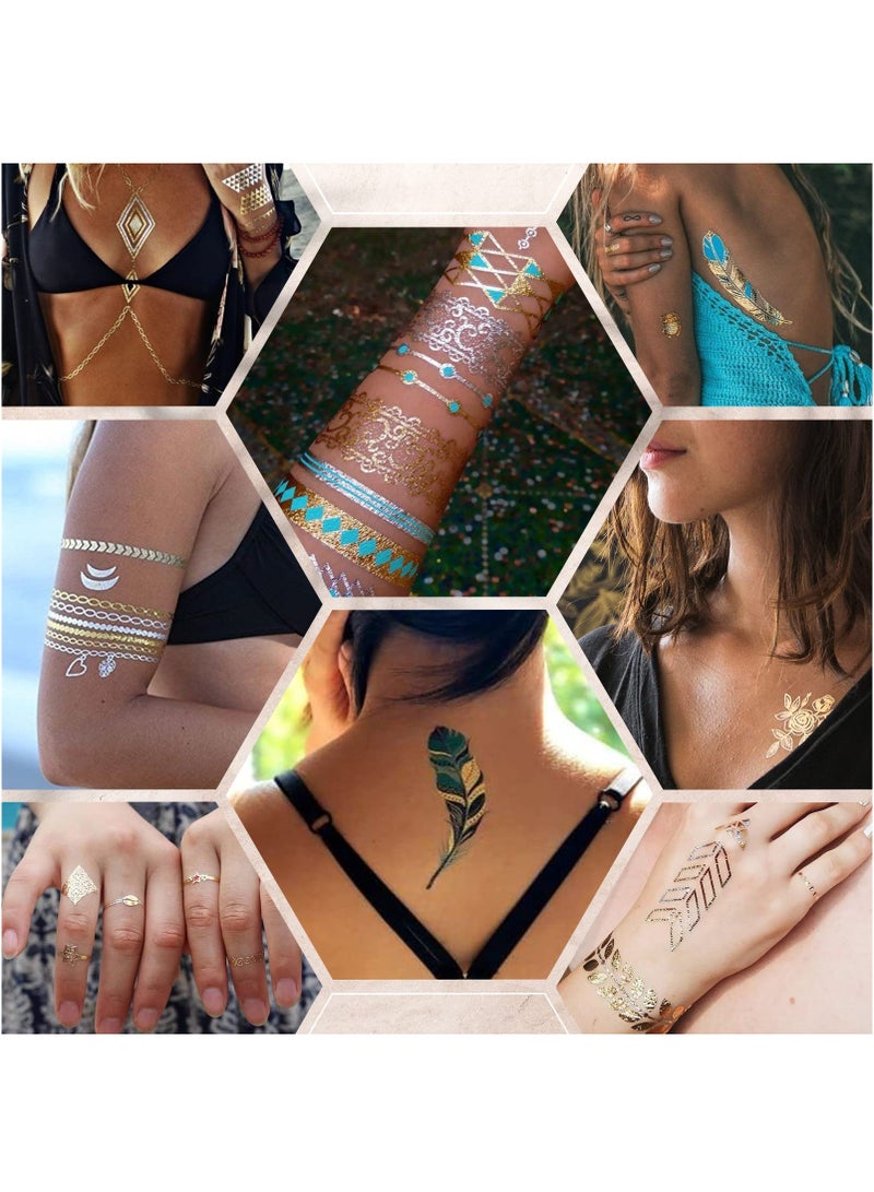 Waterproof Metallic Temporary Tattoos - 12 Sheets of Gold & Silver Glitter Stickers for Women & Teens, Perfect for DIY Body Art & Fashion Looks - Image 5