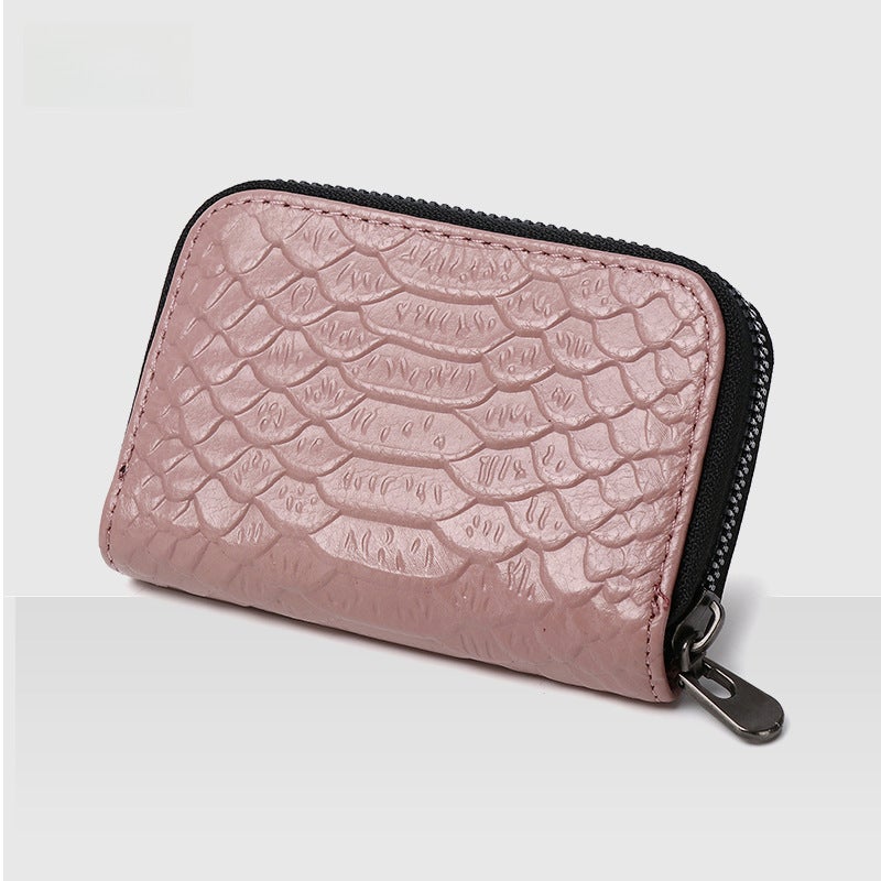 Genuine Leather Card Holder Unisex Slim RFID Blocking Wallet Snake Pink