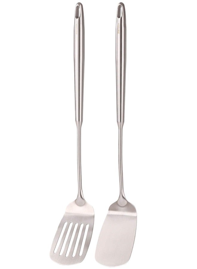 Standcn 18/10 Stainless Steel Spatulas Set - All Metal Spatulas for Kitchen Use or Outdoor Grilling, 14.7″ Long, Non Toxic, Heavy Duty, Commercial, Chef Grade - 1 Slotted Spatula + 1 Solid Turner for Cooking - Image 1