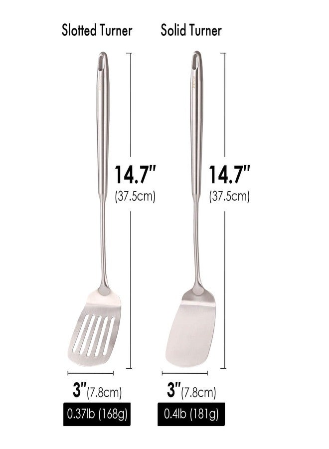 Standcn 18/10 Stainless Steel Spatulas Set - All Metal Spatulas for Kitchen Use or Outdoor Grilling, 14.7″ Long, Non Toxic, Heavy Duty, Commercial, Chef Grade - 1 Slotted Spatula + 1 Solid Turner for Cooking - Image 2