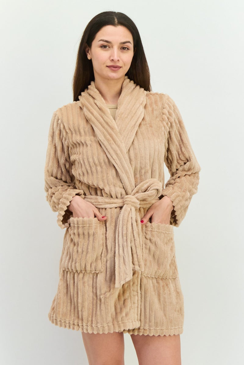 Tahari عباءة نسائية مزخرفة بحزام، بني فاتح - Image 1