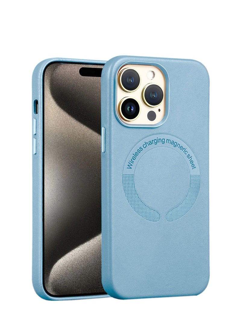 Wtech - Leather Magnetic Wireless Charging Case Original MagSafe Shockproof Case Cover For Apple iPhone 15 Pro 2023 Luxury Sky Blue - Image 1
