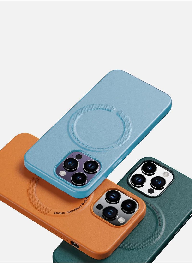 Wtech - Leather Magnetic Wireless Charging Case Original MagSafe Shockproof Case Cover For Apple iPhone 15 Pro 2023 Luxury Sky Blue - Image 1