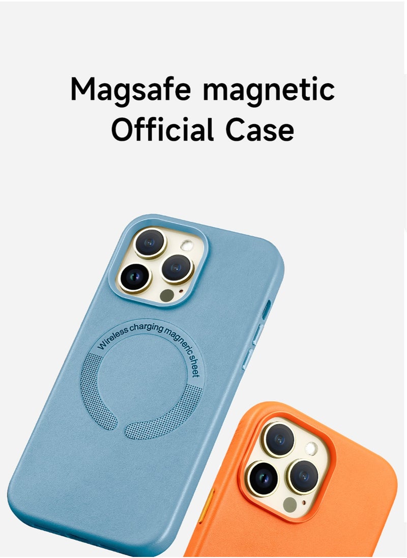 Wtech - Leather Magnetic Wireless Charging Case Original MagSafe Shockproof Case Cover For Apple iPhone 15 Pro 2023 Luxury Sky Blue - Image 1