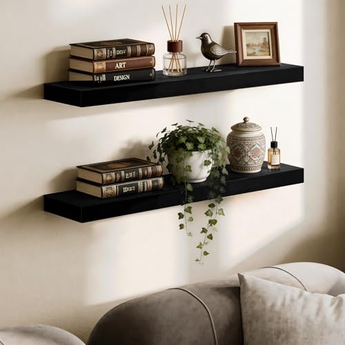 BAMEOS Bamboo Floating Shelves Wall Mounted Wooden Shelves with Invisible Brackets Set of 2, Hanging Wall Decor for Bedroom, Bathroom, Living Room and Kitchen - Image 1