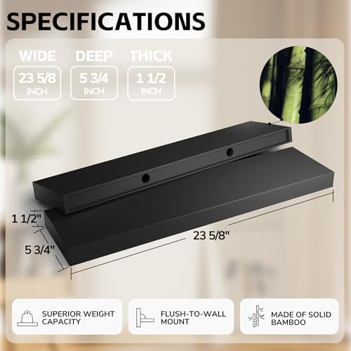BAMEOS Bamboo Floating Shelves Wall Mounted Wooden Shelves with Invisible Brackets Set of 2, Hanging Wall Decor for Bedroom, Bathroom, Living Room and Kitchen - Image 2