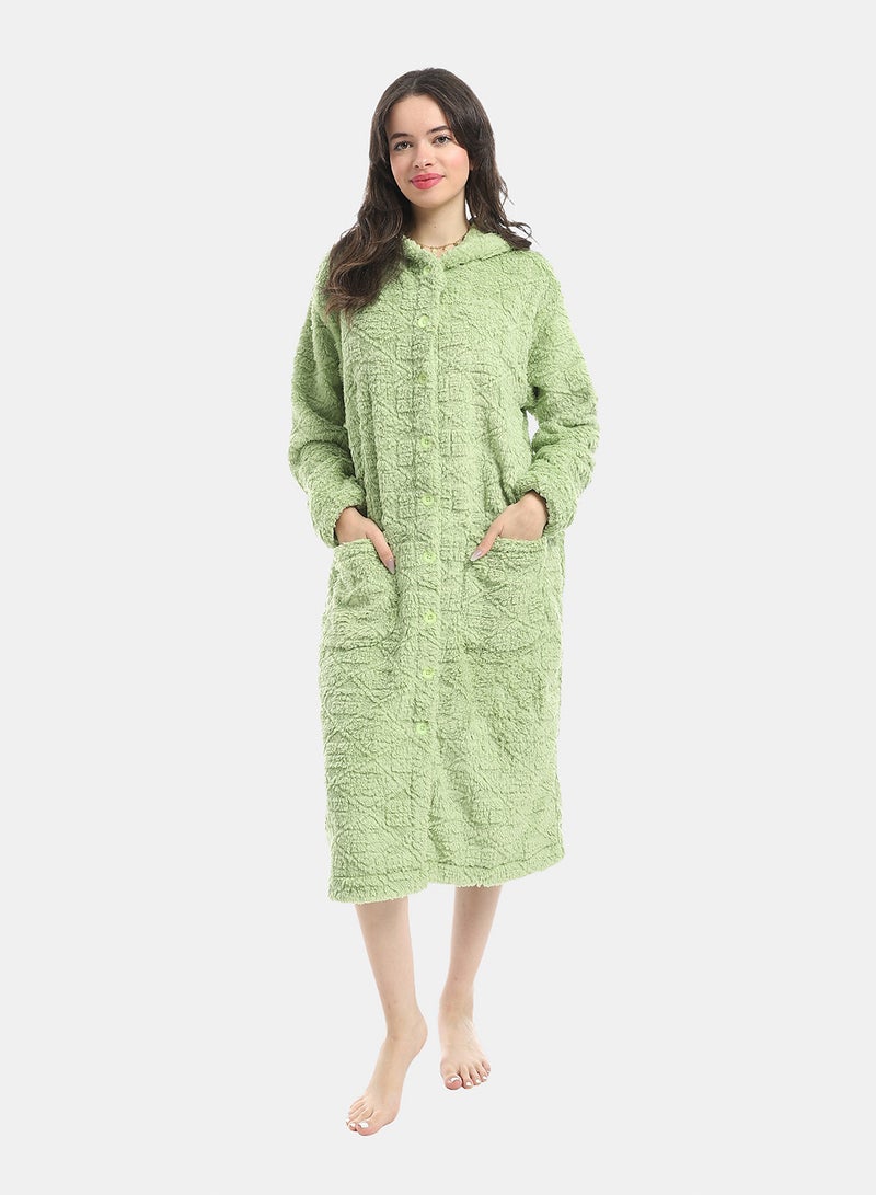 Andora Light Green Hooded Textured Velvet Sleepshirt_Green - Image 1