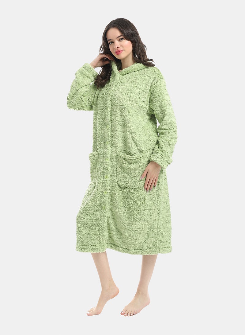 Andora Light Green Hooded Textured Velvet Sleepshirt_Green - Image 2